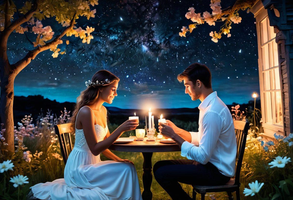 A whimsical scene depicting two individuals engaged in flirtation under a starry night sky, surrounded by soft glowing lights and romantic elements like flowers and candles. Their expressions convey playfulness and intrigue, creating an atmosphere of desire and connection. Include subtle hints of passion like fluttering butterflies and hearts in the background. lush, dreamlike colors. super-realistic. long exposure to capture the glow.