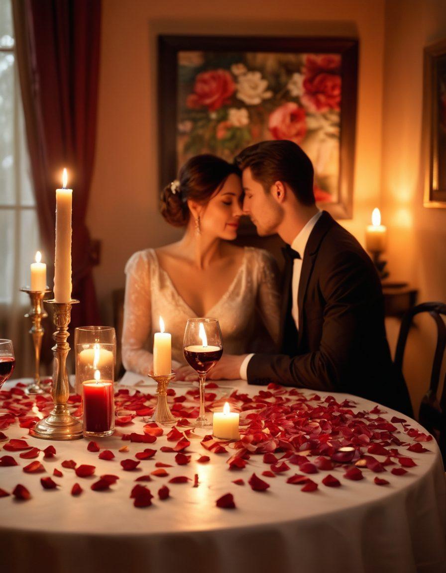 A captivating scene featuring a couple engaged in a deep, meaningful gaze across a candle-lit table, surrounded by soft, warm hues that evoke intimacy. Subtle hints of artistic elements, like brush strokes and swirling patterns in the background, reflect the art of seduction. Include delicate rose petals scattered on the table and a glass of red wine to enhance the romantic atmosphere. The overall ambiance should feel enchanting and alluring. super-realistic. warm colors. soft focus.