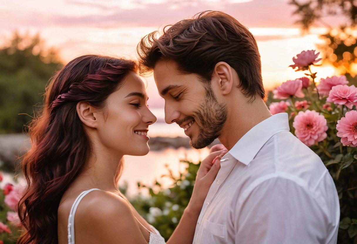 A tender and intimate scene between two lovers, showcasing a deep emotional connection, with soft lighting that highlights their shared smiles and gentle touches. In the background, a tranquil setting of blooming flowers and a serene sunset reinforces the theme of transformation from lust to lasting affection. The color palette is warm and inviting, with a focus on reds and pinks. super-realistic. vibrant colors.